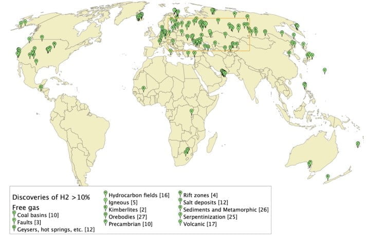 Carte de l'hydrogène natif dans le monde
