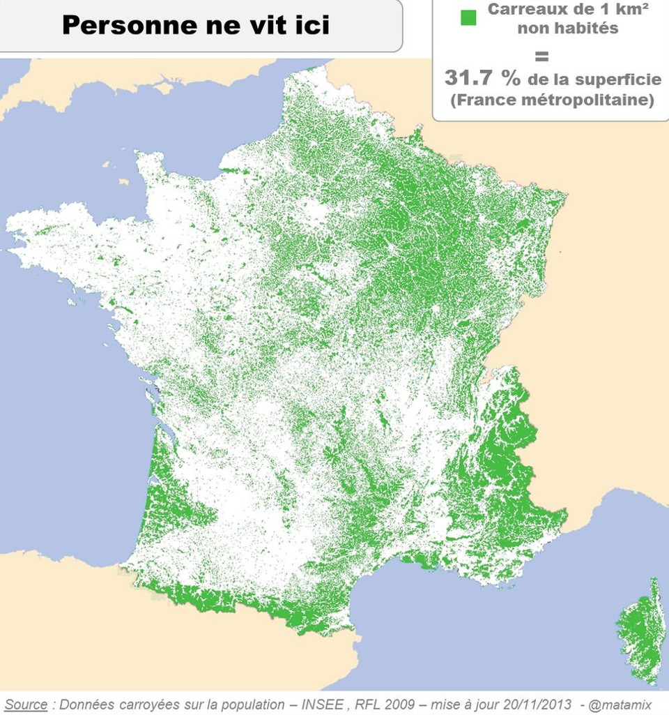 Carte de la France vide : où personne n'habite