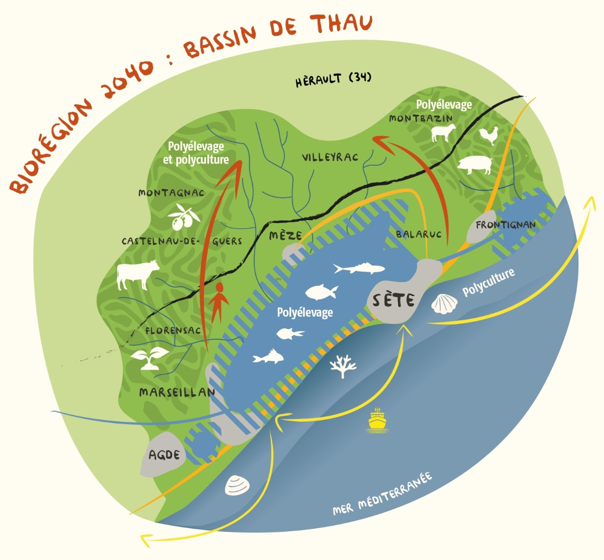 Carte dessinée d'une projection de la biorégion 2040 du bassin de Thau, collectif EGUP