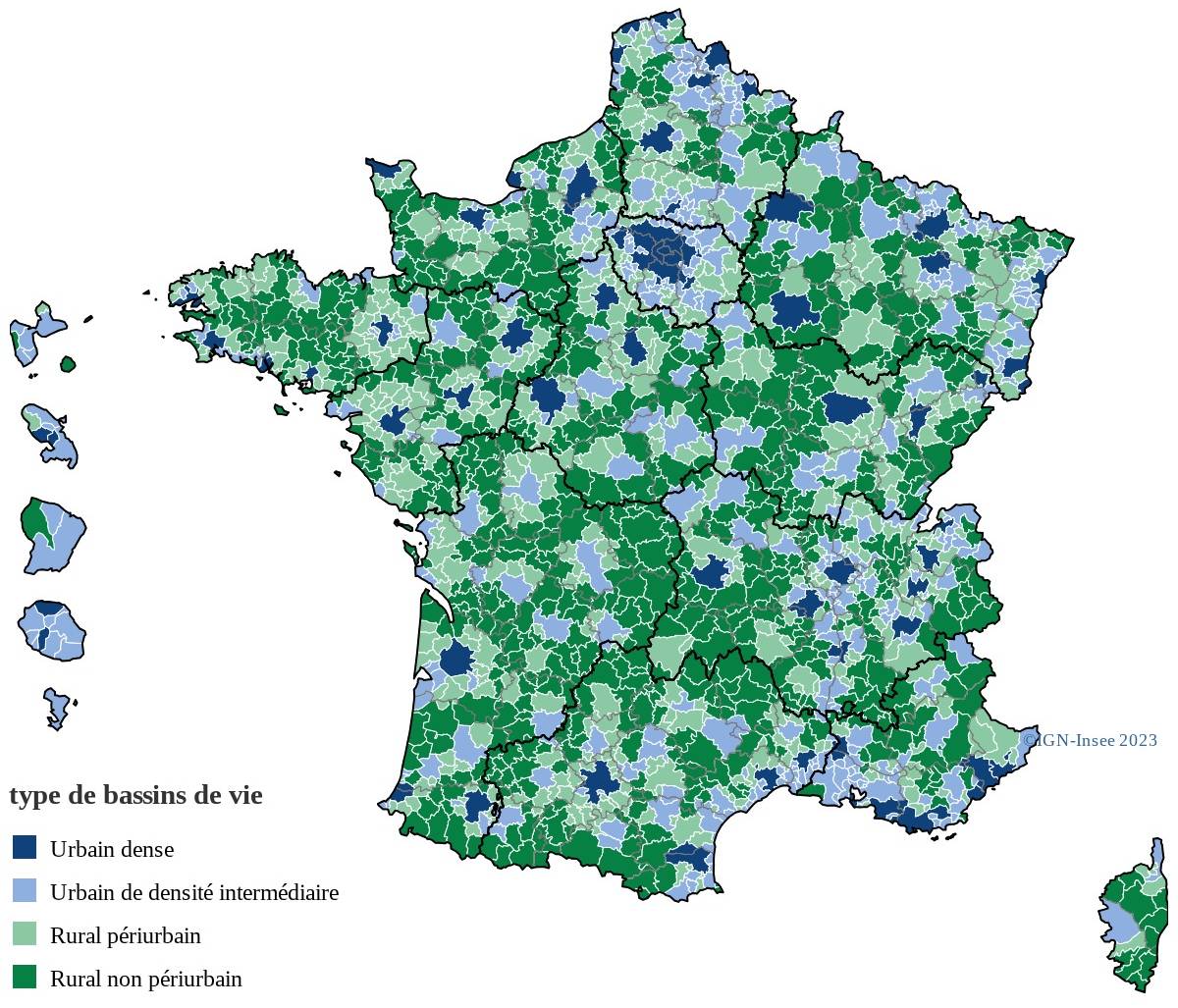 Carte des types de bassins de vie de France, INSEE 2022