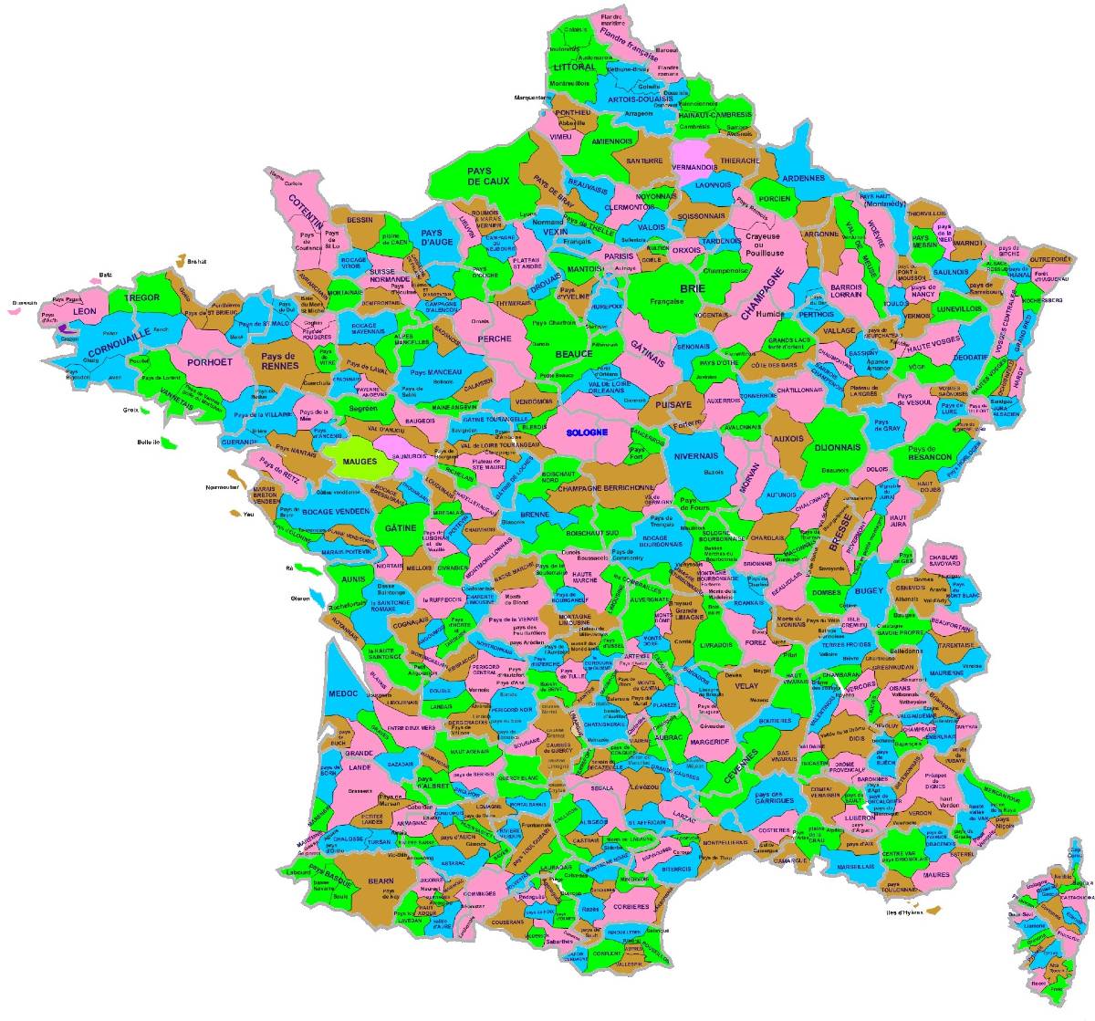 Carte des pays et régions naturelles de France avec les départements en toile de fond