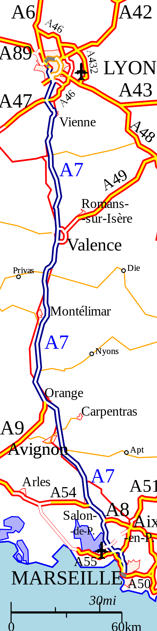 Carte Autouroute A7 / Wikipédia