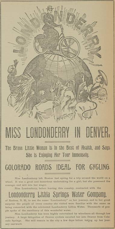 Annie Cohen Kopchovsky dit Londonderry, publicité à Denver