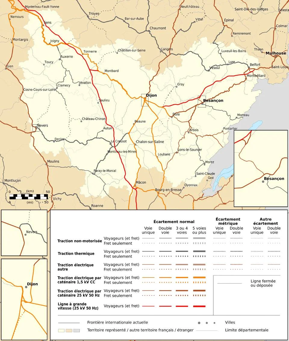 Carte : réseau et trains en Bourgogne-Franche-Comté