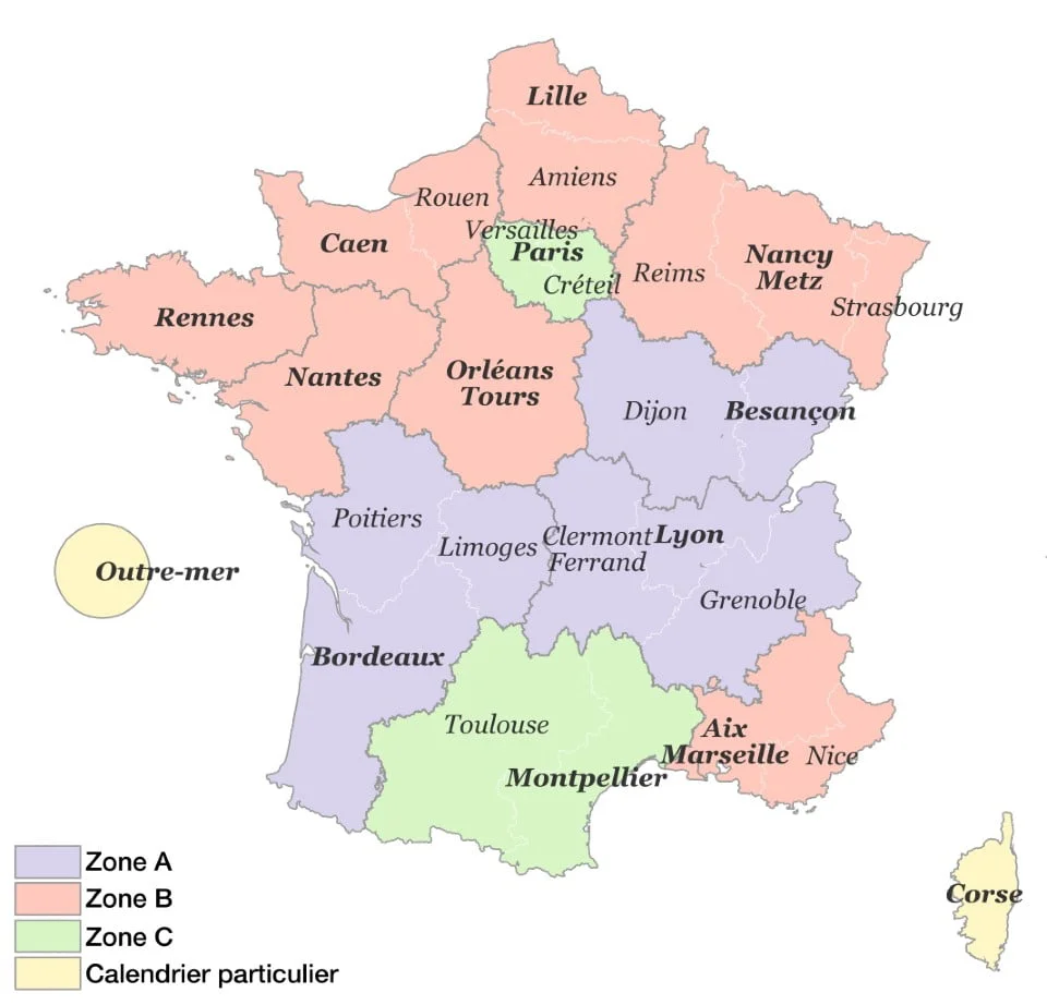 Zones des vacances scolaires en France, Corse, Outre-mer