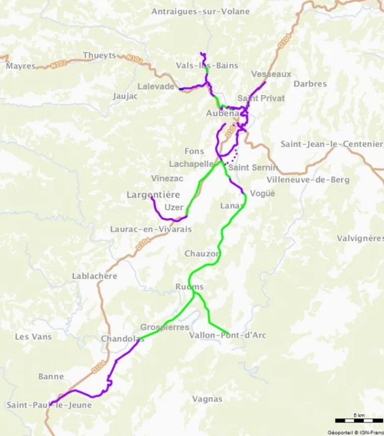 Tracé de la Via Ardèche d'ici 2022 (Source : France3/Bassin d'Aubenas)