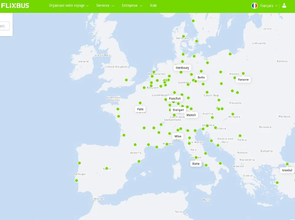 Carte des villes Flixbus : départ et arrivée